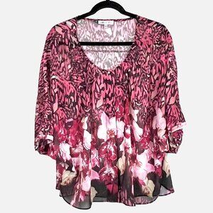 Jennifer Lopez Women's Sheer Chiffon Blouse Top Pink Floral & Animal Print Large